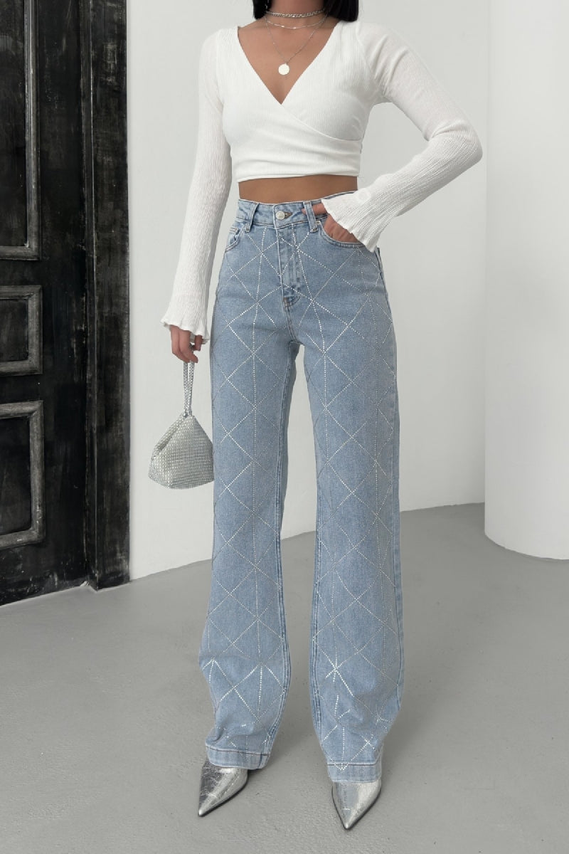 Baklava Desenli Taşlı Kot Pantolon Kar Yıkama Açık Mavi