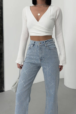 Baklava Desenli Taşlı Kot Pantolon - Kar Yıkama Açık Mavi - (26-31) - 3