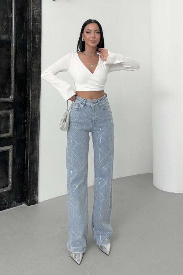 Baklava Desenli Taşlı Kot Pantolon - Kar Yıkama Açık Mavi - (26-31) - 5