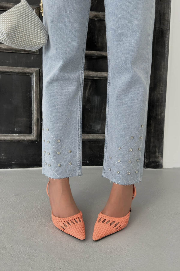 Taşlı Mom Fit Kot Pantolon - Kar Yıkama Açık Mavi - (26-31) - 6