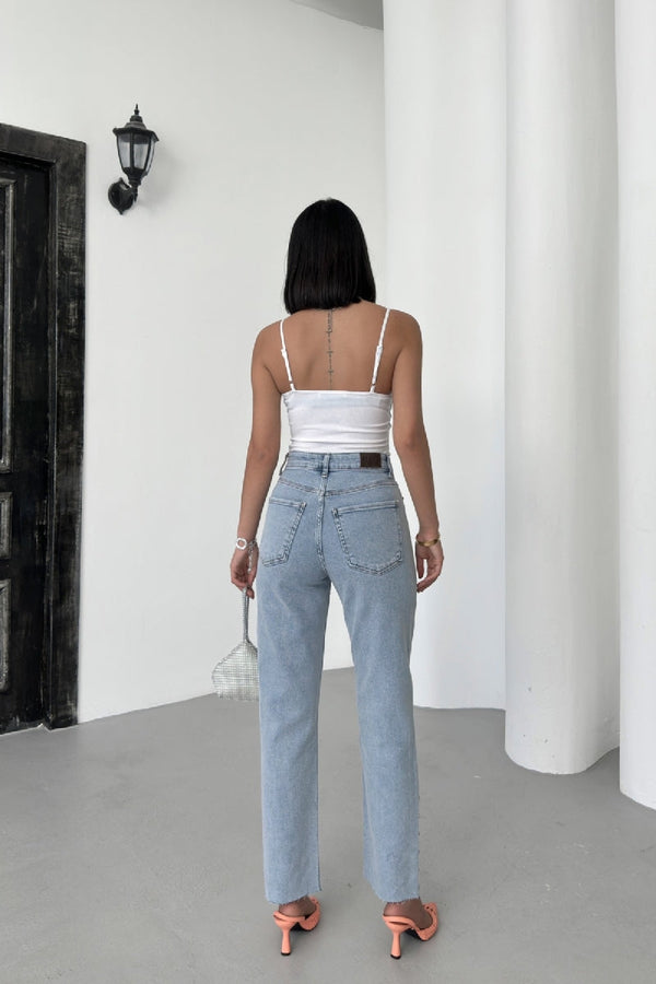 Taşlı Mom Fit Kot Pantolon - Kar Yıkama Açık Mavi - (28-33) - 4