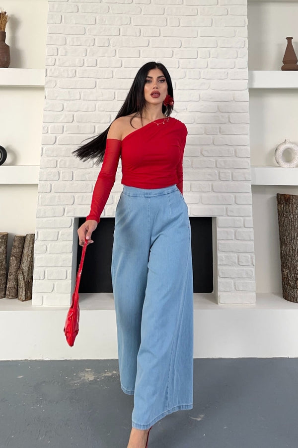 Arkası Lastikli Bol Paça Pantolon - Açık Mavi Kot - (36-42-6) - 6