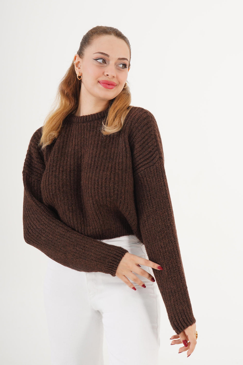 Bisiklet Yaka Basic Toptan Kahve Kazak Kahverengi STD