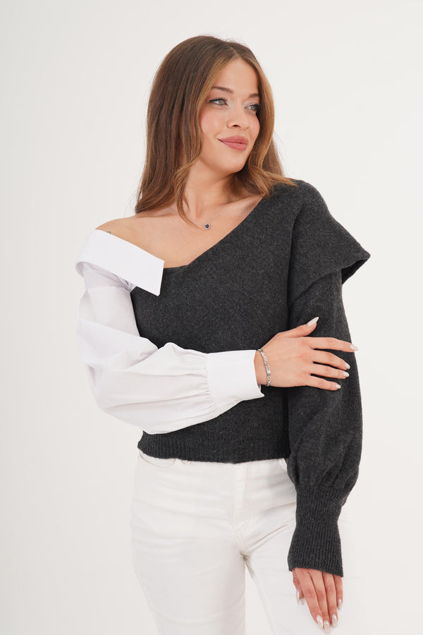 Yarı Gömlek Yarı Triko Toptan Antrasit Kazak