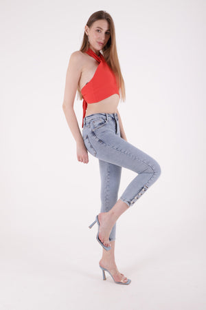 Paçası Dört Düğmeli Kot Pantolon - Kar Yıkama Açık Mavi - (26-31) - 4