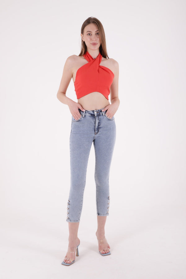 Paçası Dört Düğmeli Kot Pantolon Kar Yıkama Açık Mavi