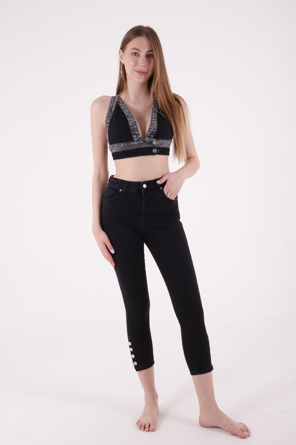 Paçası Dört Düğmeli Kot Pantolon Düz Antrasit