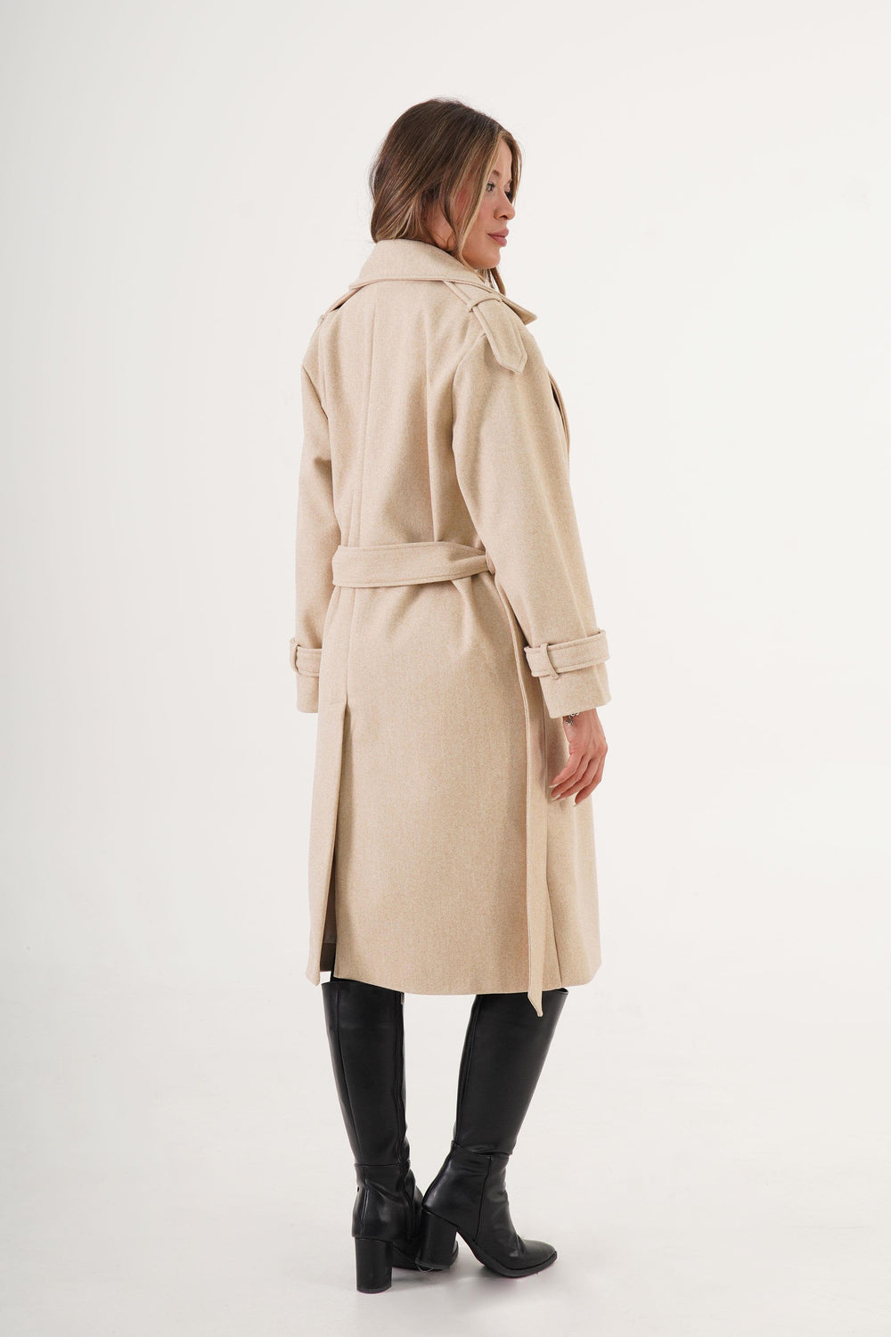 Apolet Detaylı Kuşaklı Toptan Taş Kaşe Kaban Taş S