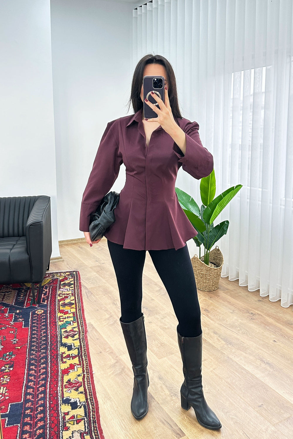 Peplum Bel Oturtmalı Poplin Mürdüm Toptan Gömlek Mürdüm S