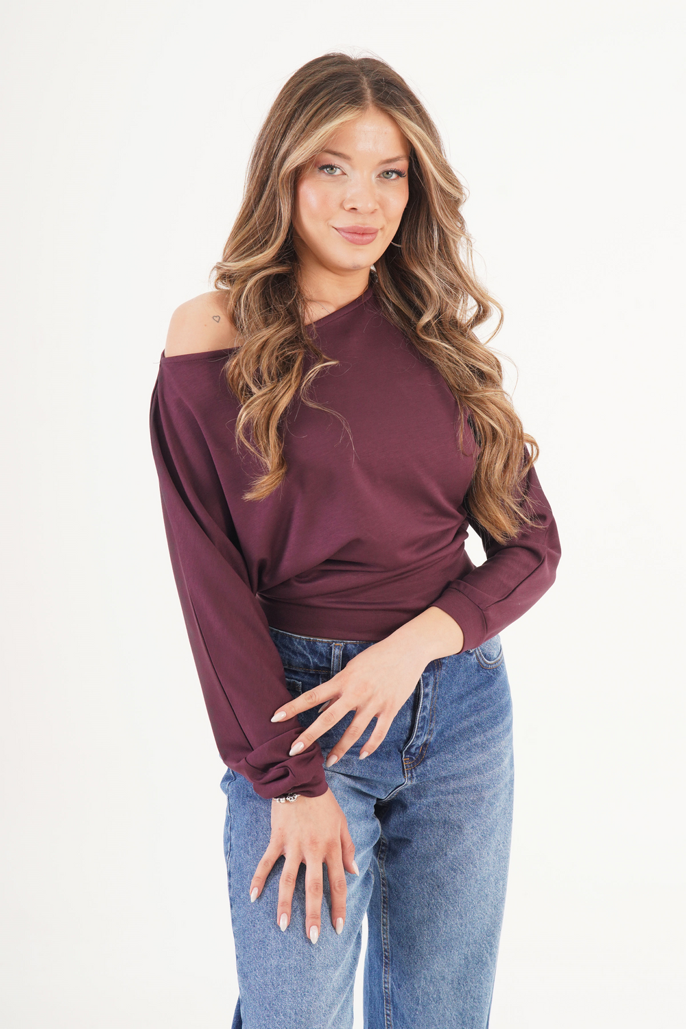 İnce Oys Kumaş Yarasa Kol Toptan Mürdüm Bluz Mürdüm S