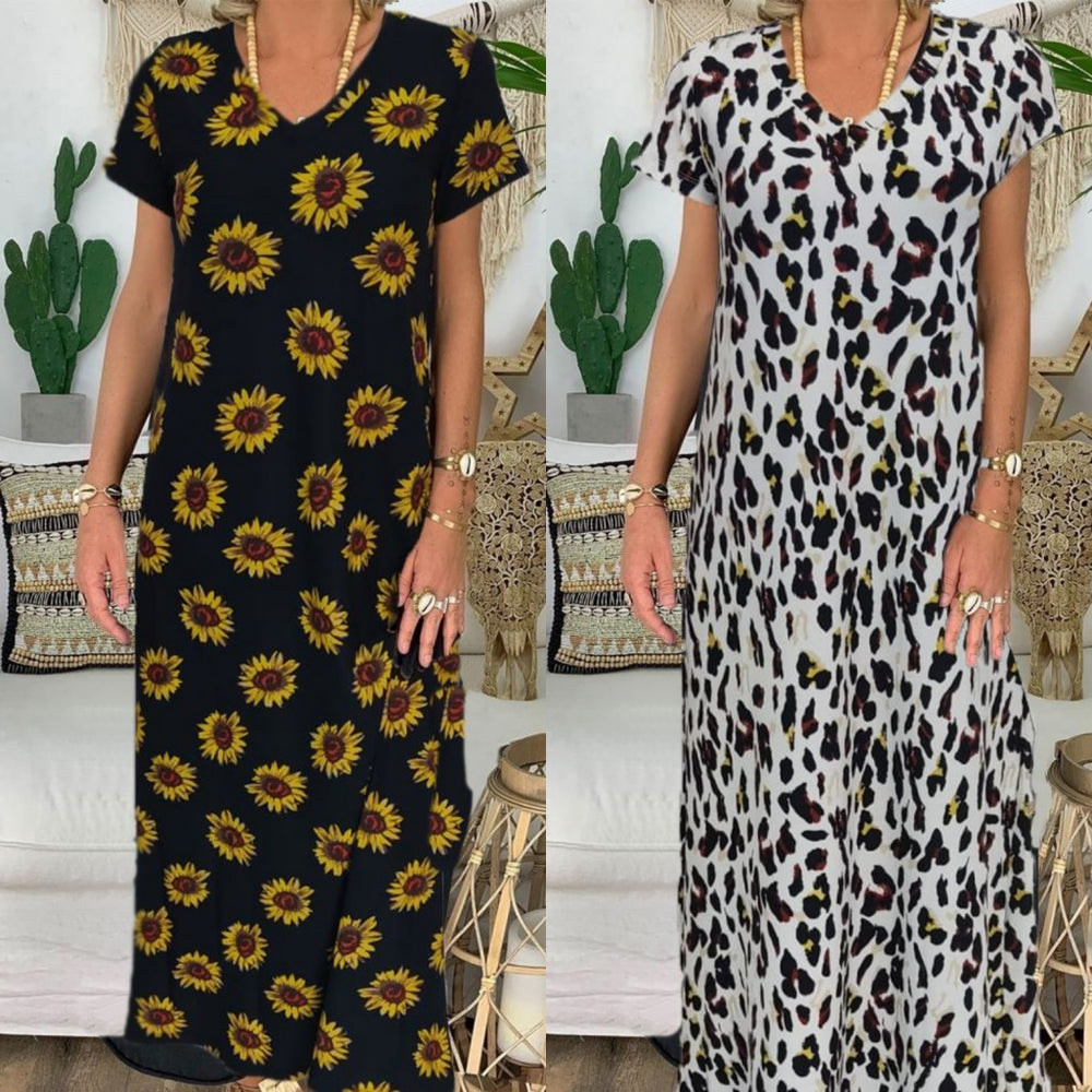 Kadın Kısa Kollu V Yaka Tam Boy Zebra Desen Pegasus Kumaş Elbise, 8774