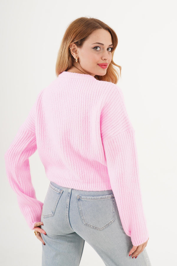 Bisiklet Yaka Basic Toptan Pembe Kazak