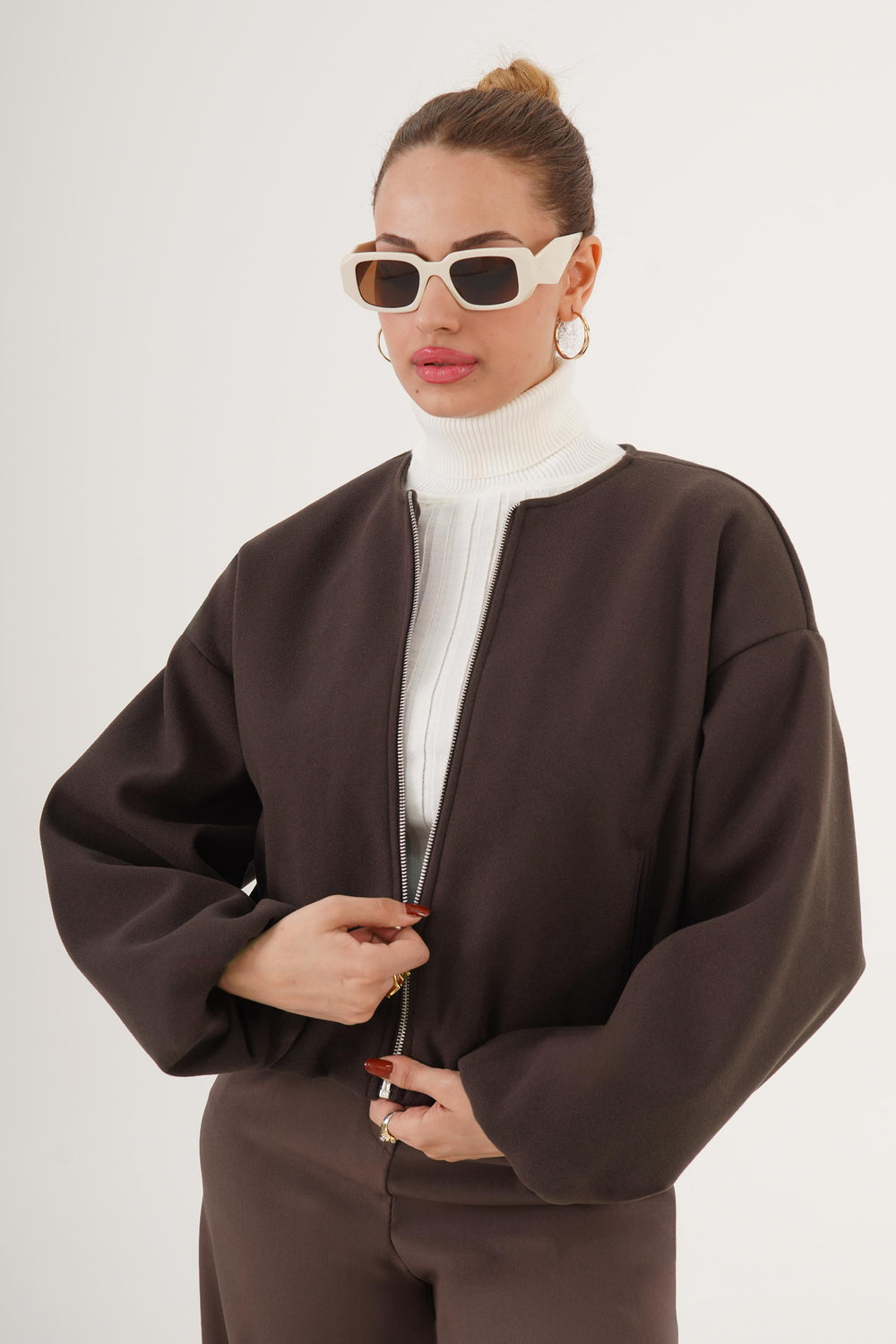 Fermuarlı İç Astarlı Bomber Kahve Toptan Ceket Kahverengi S