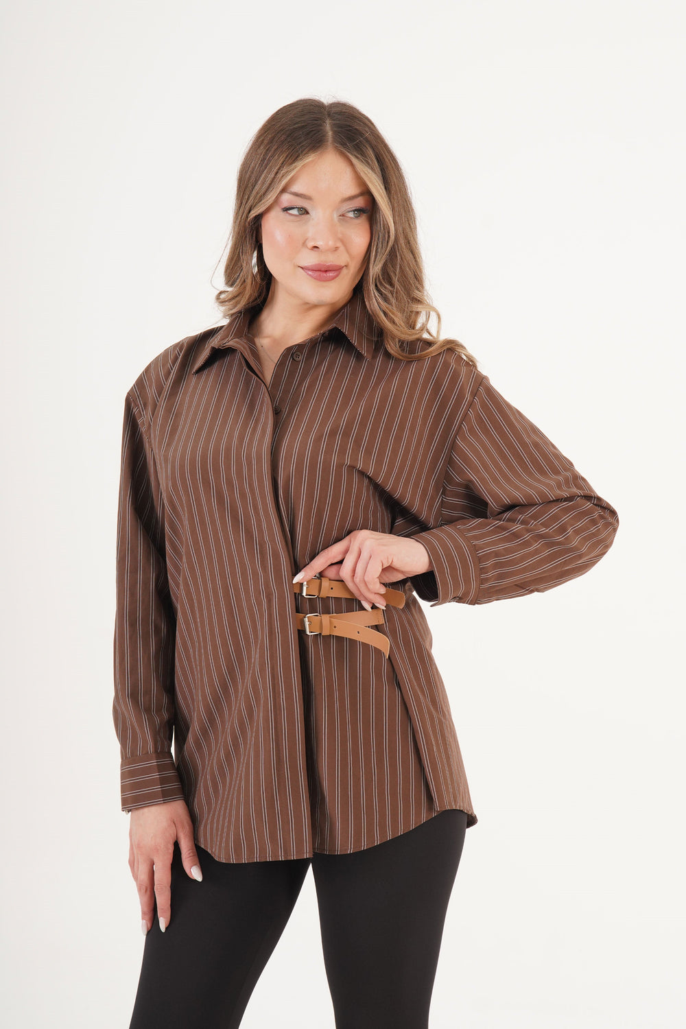 Çift Kemer Detaylı Çizgili Toptan Kahve Gömlek Kahverengi S