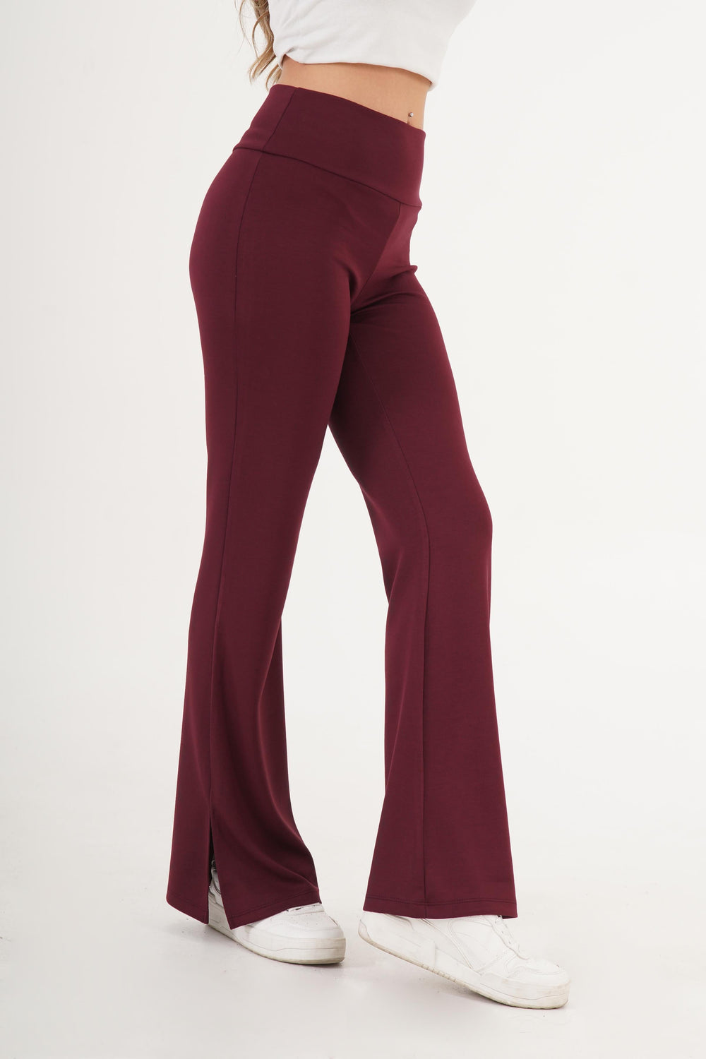 Yüksek Bel Bilek Yırtmaçlı Esnek Bordo Pantolon Bordo S