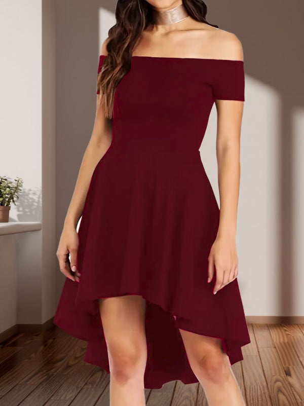 Rochie de damă din crep importat, cu mânecă scurtă, decolteu Madonna, scurtă în față și lungă în spate, 31251