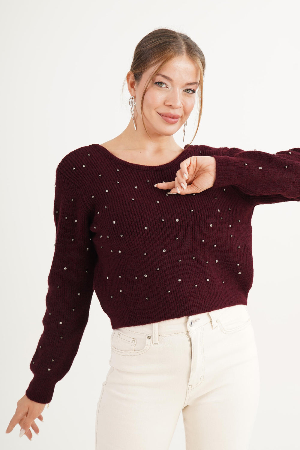 Sırt Dekolteli Bordo İşlemeli Pembe Toptan Kazak Bordo STD