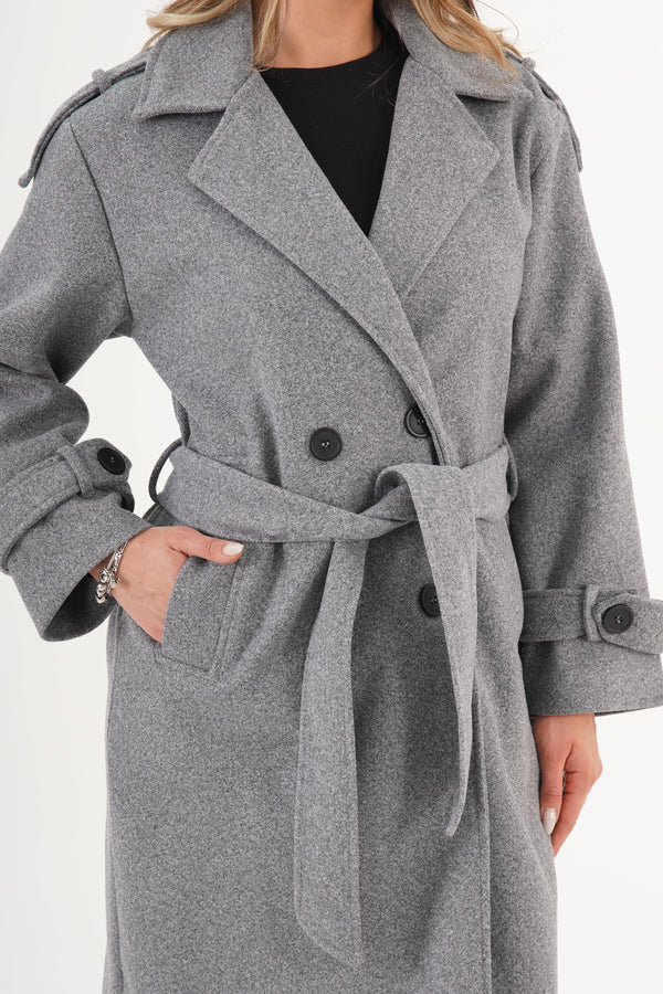 Apolet Detaylı Kuşaklı Toptan Antrasit Kaşe Kaban