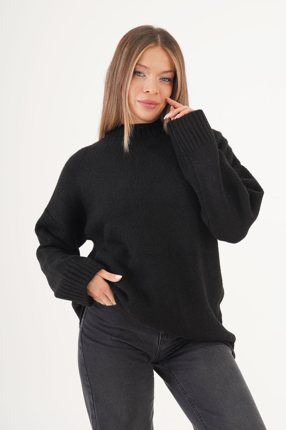 Ribana Detaylı Basic Toptan Siyah Kazak Siyah STD