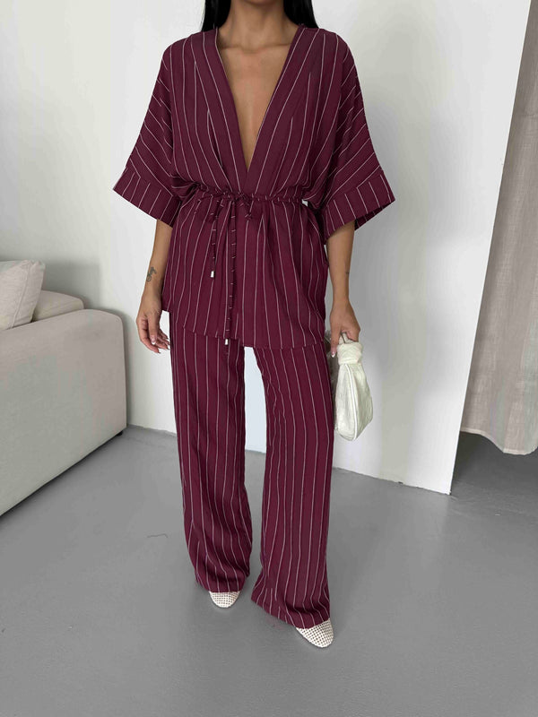 Çizgili Kimono Takım - Bordo