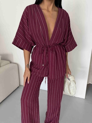Çizgili Kimono Takım - Bordo