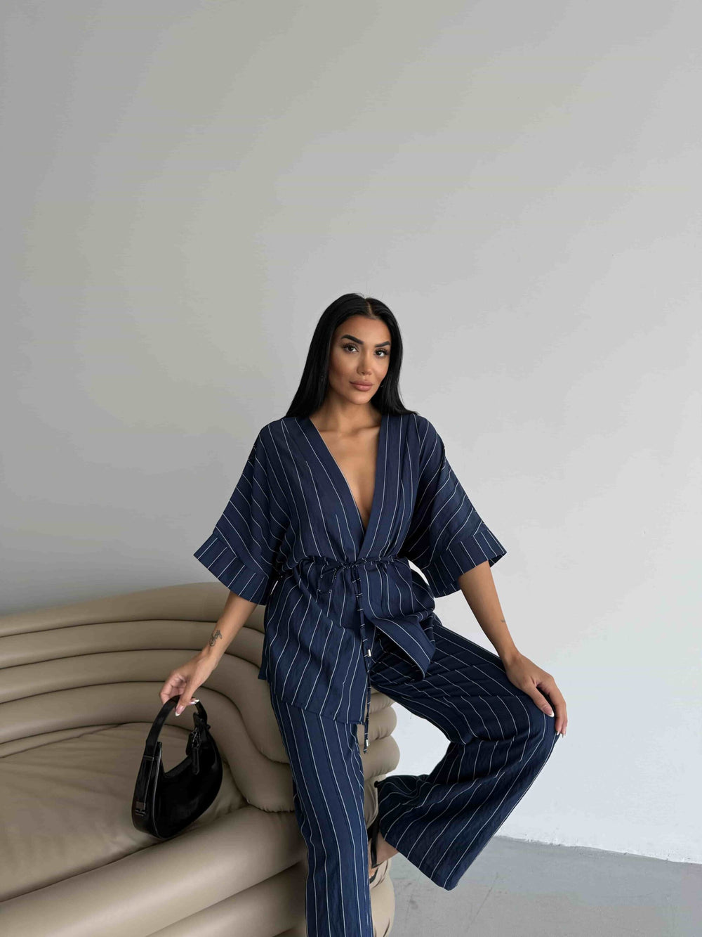 Çizgili Kimono Takım - Lacivert