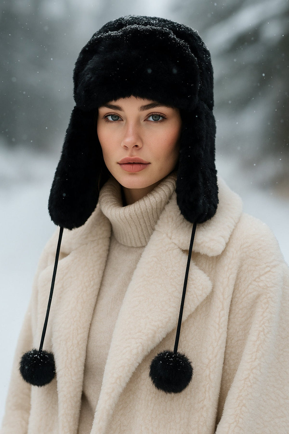 Kadın Siyah Ponponlu Kürklü Kulaklıklı Peluş Şapka Bere Bere1103