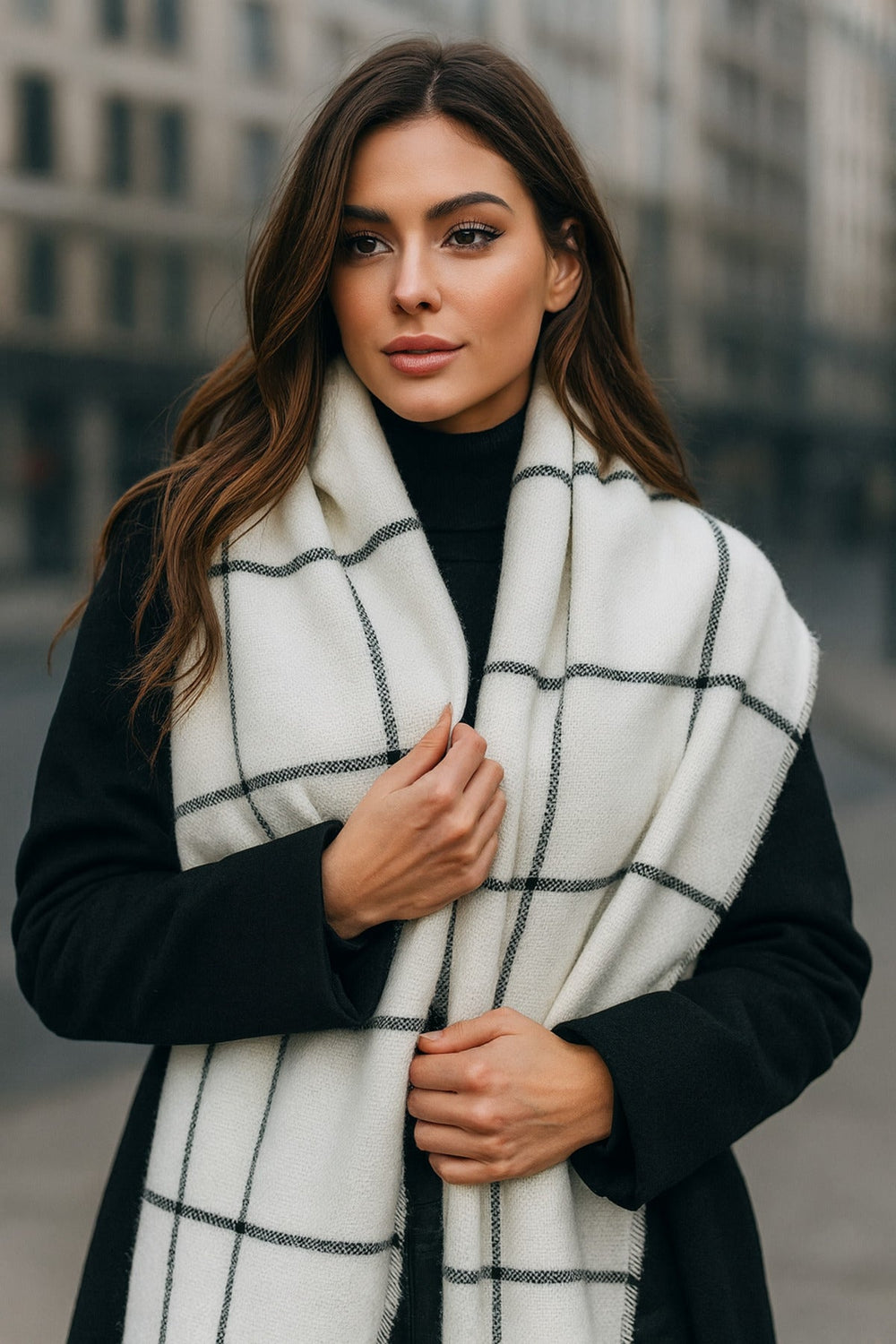 Kadın Ekru Kare Desenli Atkı - Şal 70x180 Cm Sal1210