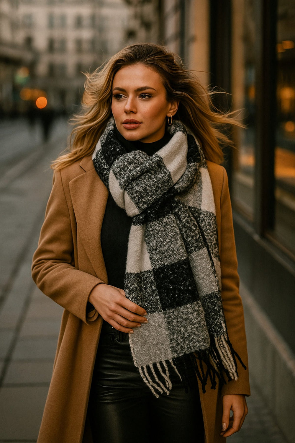 Gri Siyah Beyaz Kareli Desenli Püsküllü Şal - Atkı Modelleri Sal1283