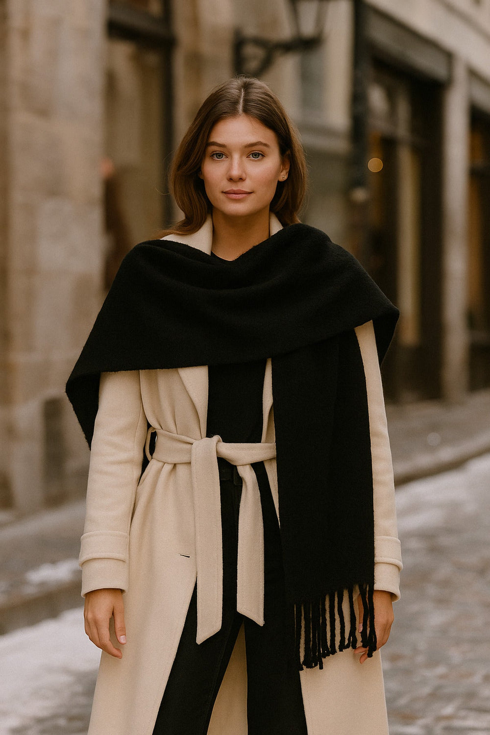 Siyah Kalın Püsküllü Şal – Yumuşak Ve Geniş Yapı, Soğuk Hava Için Ideal Sal1257