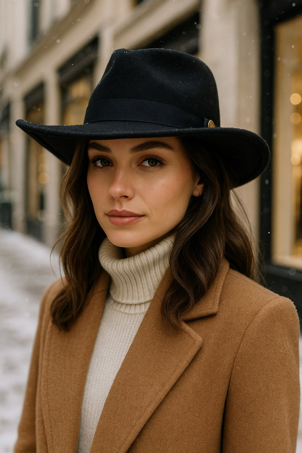 Kadın Siyah Kenarı Kıvrık Kovboy Kaşe Panama Şapka SPK1149