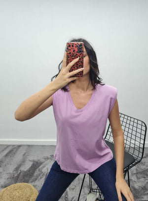 Vatkalı V Yaka T-Shirt - Lila