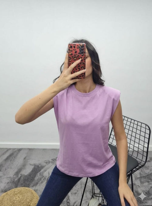 Vatkalı Bisiklet Yaka T-Shirt - Lila