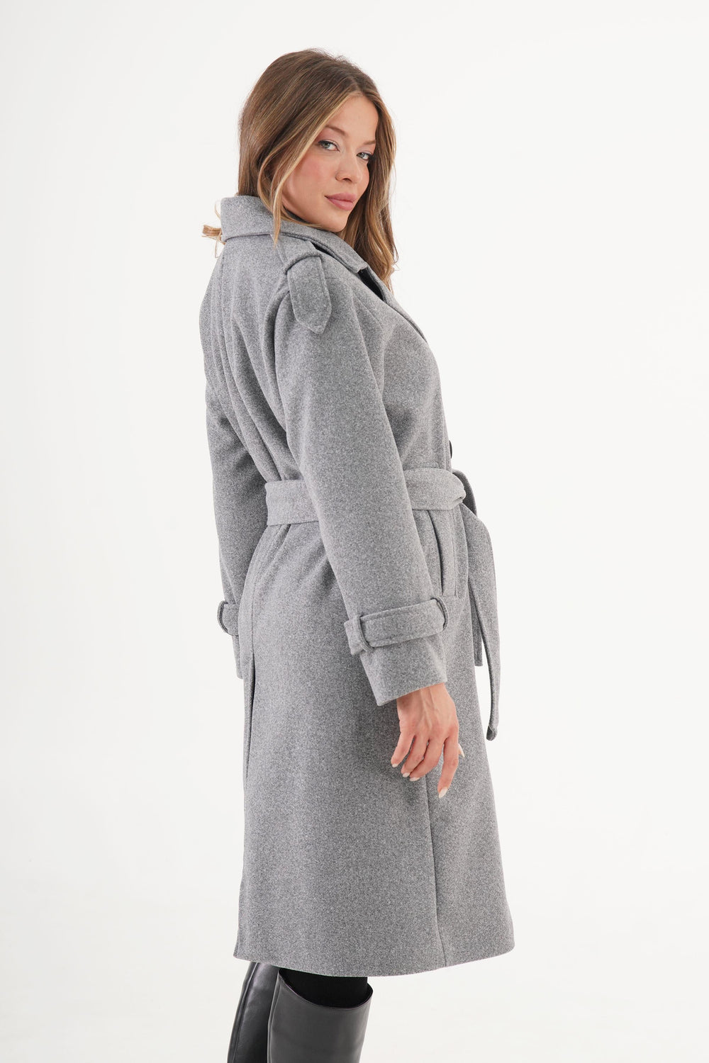 Apolet Detaylı Kuşaklı Toptan Antrasit Kaşe Kaban Antrasit S