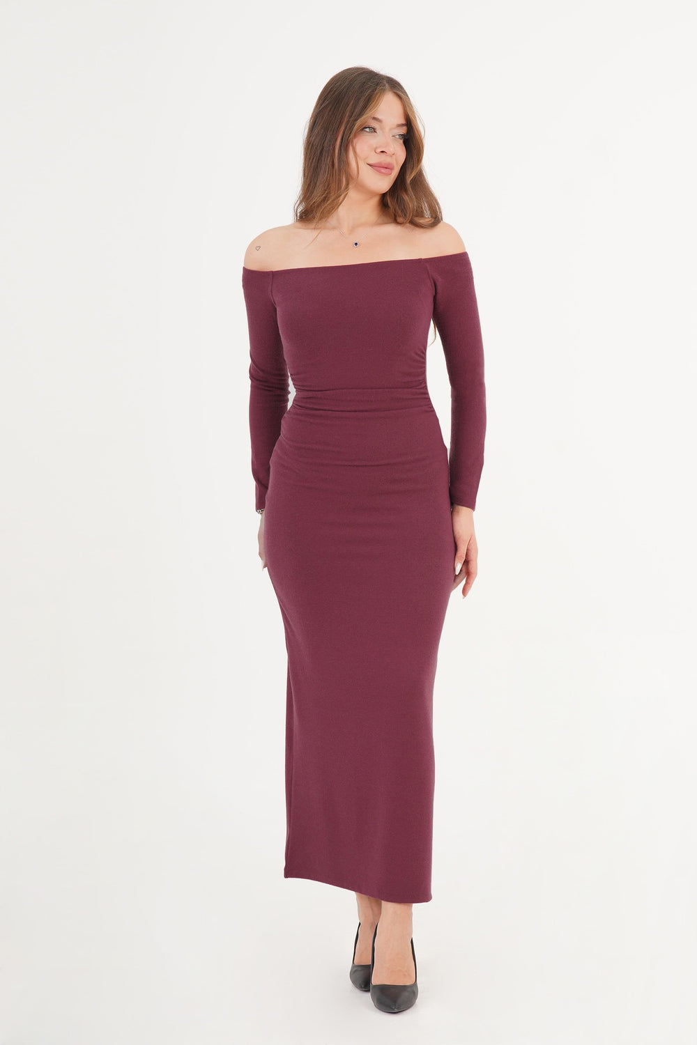 Beli Büzgü Detaylı Bordo Toptan Elbise Bordo S