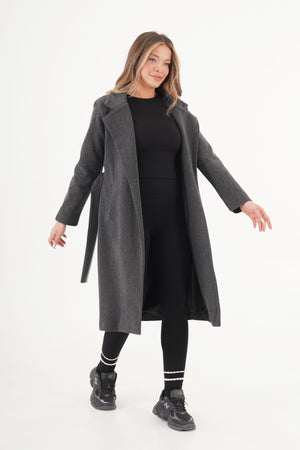 Beli Kuşaklı Astarlı Toptan Antrast Kaşe Kaban