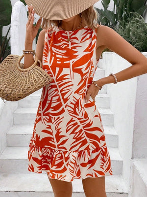 Rochie de damă Sofia, fără mâneci, cu guler rotund și model cu volane, 34325