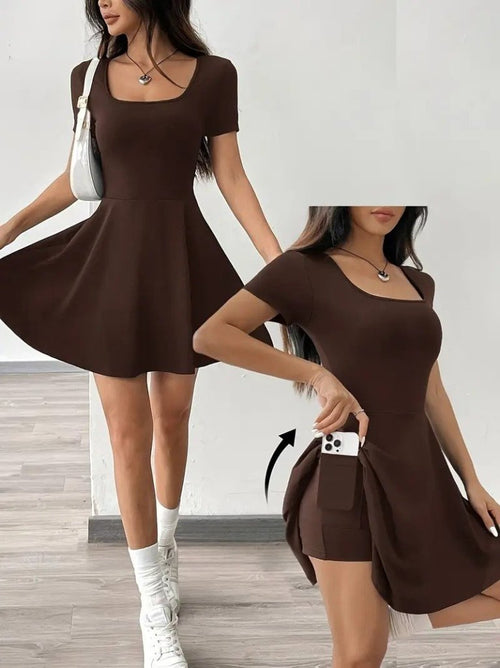 Kadın Kısa Kollu Kare Yaka Short Detaylı Cepli Dalgıç Elbise, 25591