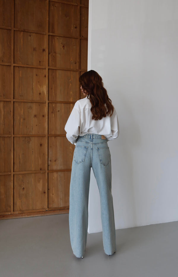 Yüksek Bel Baloon Kalıp Halka Taş Detaylı Light Blue Tint Jean Pantolon