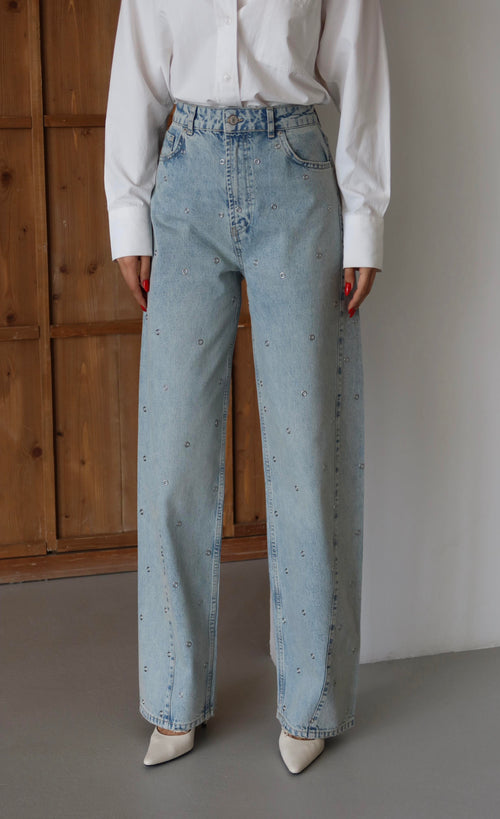 Yüksek Bel Baloon Kalıp Halka Taş Detaylı Light Blue Tint Jean Pantolon