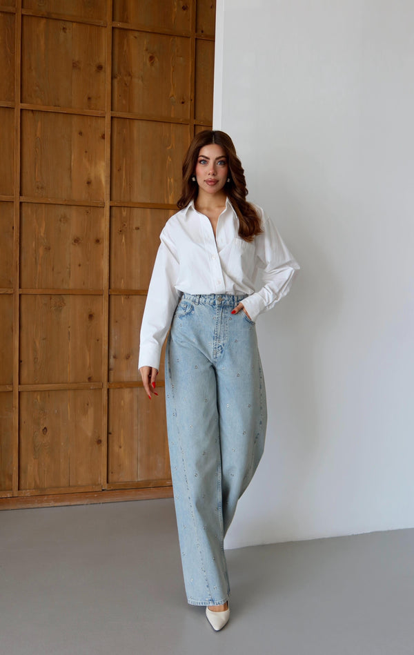 Yüksek Bel Baloon Kalıp Halka Taş Detaylı Light Blue Tint Jean Pantolon