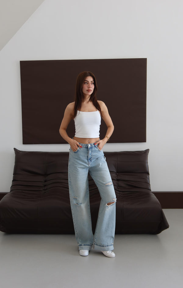 Normal Bel Baggy Foldup Kalıp Paça Katlama Detaylı Yeşil Tint Lazerli Jean Pantolon