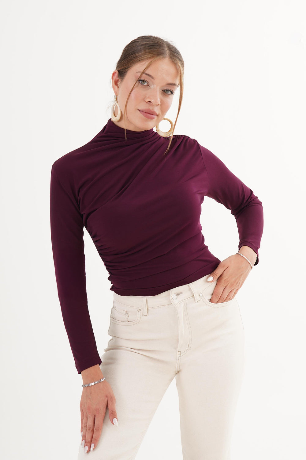 Omuz Ve Bel Büzgülü Dik Yaka Toptan Mürdüm Bluz Mürdüm S