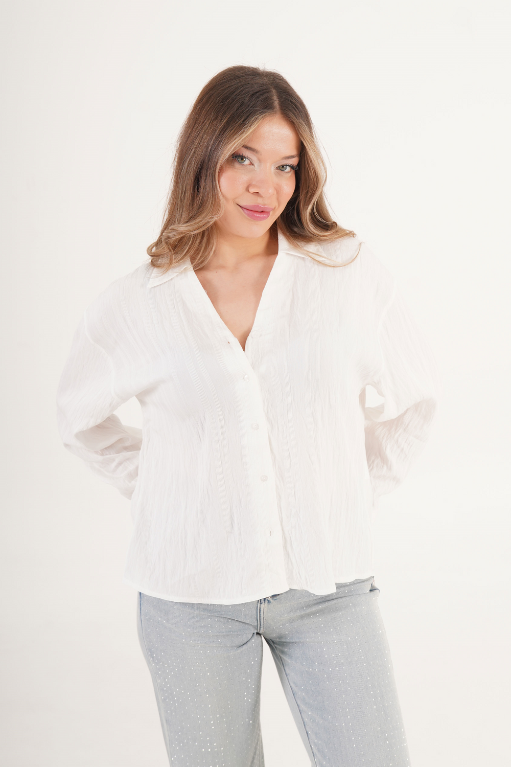 V Yaka Drapeli Beyaz Toptan Gömlek Beyaz S