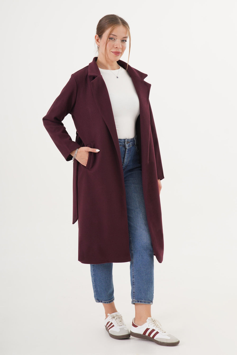 Beli Kuşaklı Astarlı Toptan Bordo Kaşe Kaban Bordo S