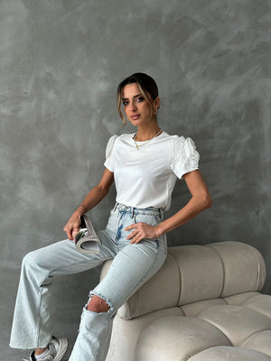 Topshow Beyaz Omuzları Güllü Toptan T Shirt