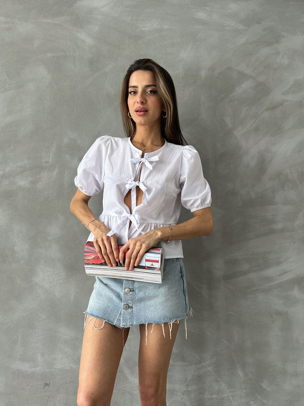 Topshow Beyaz Önden Bağlamalı Poplin Toptan Bluz