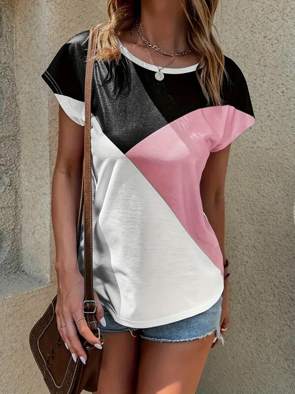 Kadın Bisiklet Yaka üç Renk Viskon T-shirt , 17652