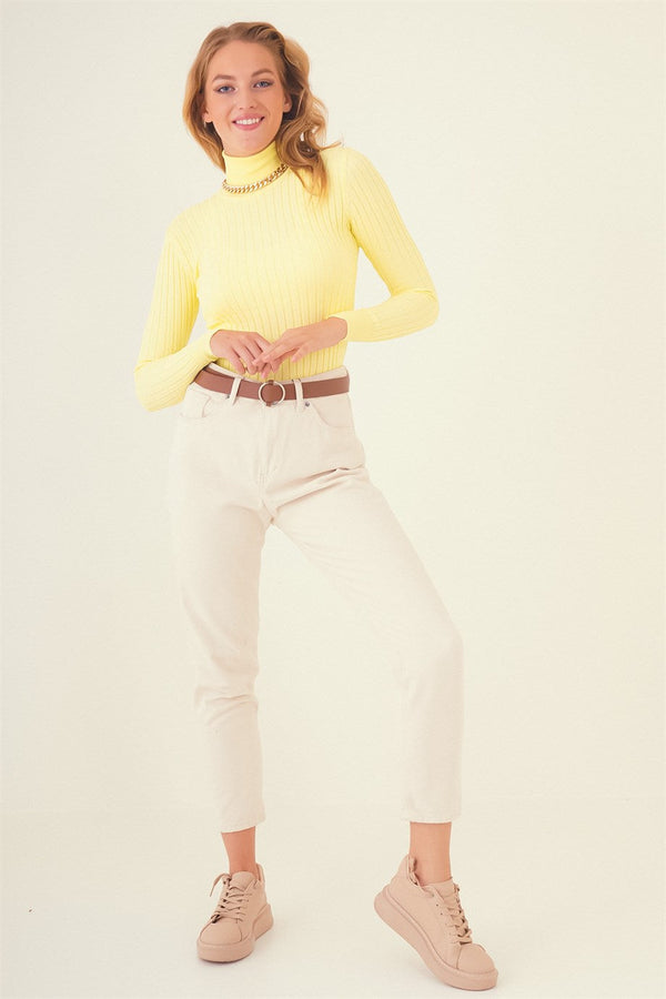 Boğazlı Mega Fitilli Triko Sarı Kazak