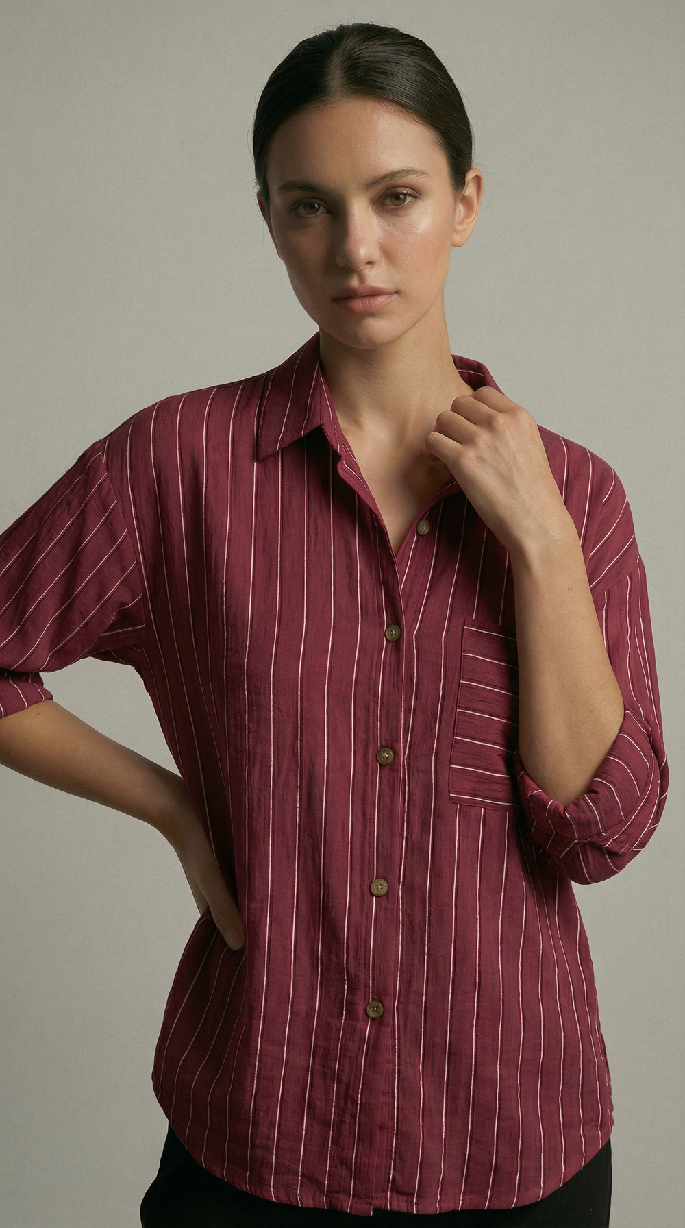 Bordo Çizgili Cepli Oversize Gömlek